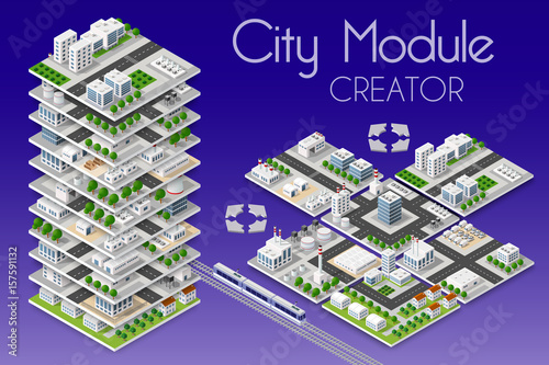 Plakat Twórca modułu miasta izometryczna koncepcja biznesu infrastruktury miejskiej. Wektor budynku ilustracja wieżowiec i kolekcja elementów miejskich architektury, domu, budowy, bloku i parku