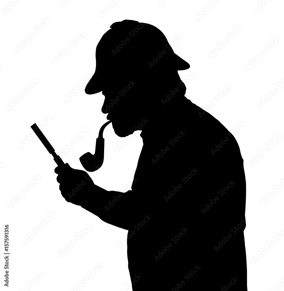 Silhouette of bearded man investigating with a magnifying glass Sherlock hat and pipe