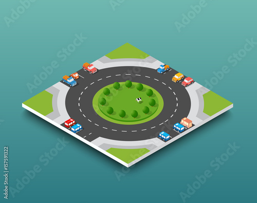 City isometric freeway traffic on the street road. Urban car transport vehicle and speed drive on the perspective scene