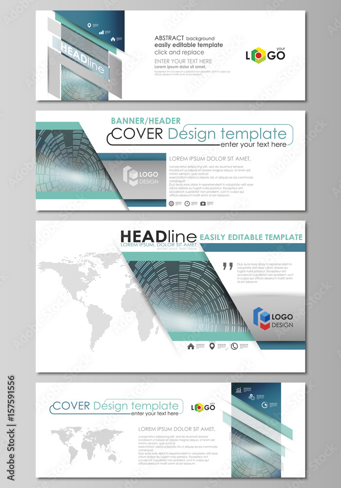 Social media and email headers set, modern banners. Business templates. Abstract design template, vector layouts in popular sizes. Technology background in geometric style made from circles.
