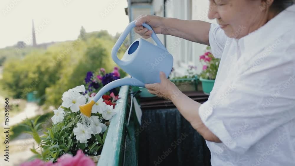 Happy elderly woman watering flowers on the balcony