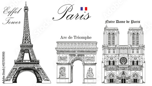 Obraz na plátně Vector Eiffel Tower, Triumphal Arch and Notre Dame Cathedral