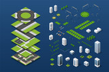 City isometric concept of urban infrastructure business. Vector building illustration of skyscraper and collection of urban elements architecture, home, construction, block and park