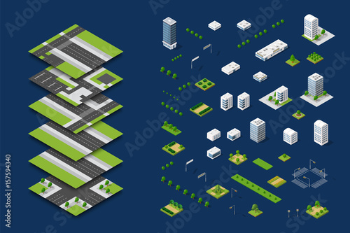 City isometric concept of urban infrastructure business. Vector building illustration of skyscraper and collection of urban elements architecture, home, construction, block and park