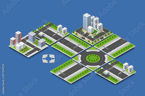 City isometric of urban infrastructure business. Vector building illustration of skyscraper and collection of urban elements architecture, home, construction, block and park