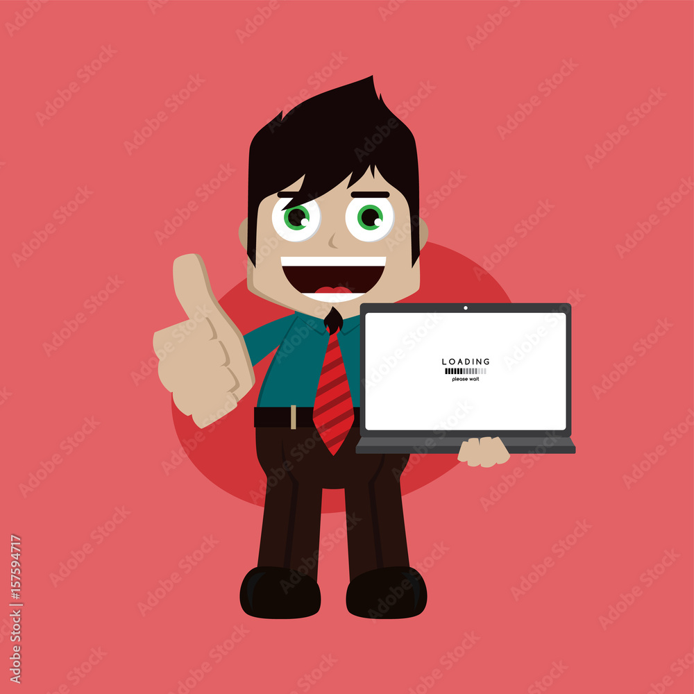 businessman manager at work holding laptop cartoon vector art
