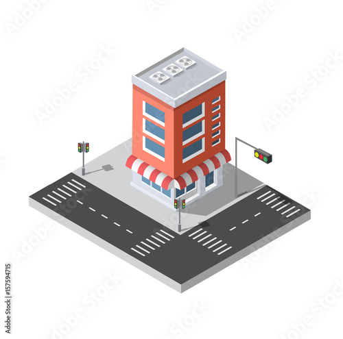 District of the city street houses Isometric 3D infrastructure, urban buildings and construction