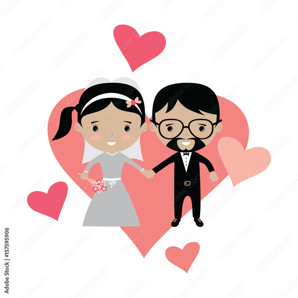 adorable groom and bride lovely marriage cartoon theme