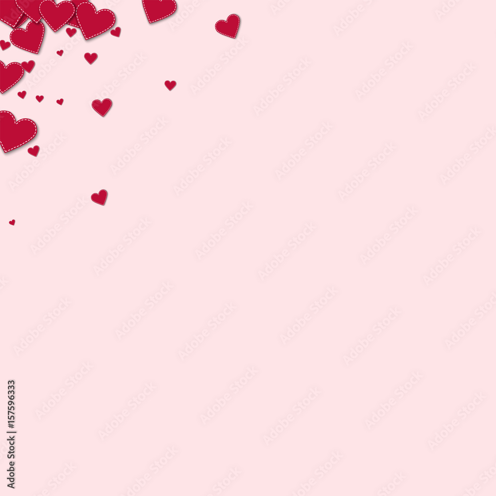 Red stitched paper hearts. Left right corner on light pink background. Vector illustration.