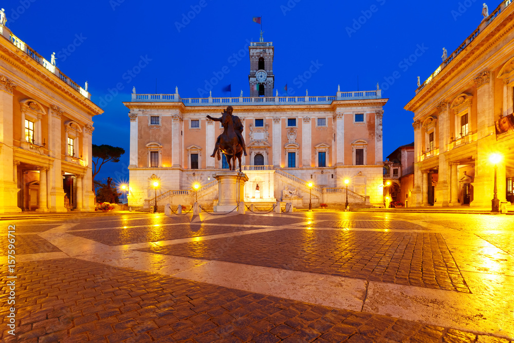 Piazza del Campidoglio on the top of Capitoline Hill with the facade of Senatorial Palace and equestrian statue of Marcus Aurelius at night, Rome, Italy Piazza del Campidoglio on the top of Capitoline Hill with the facade of Senatorial Palace and equestrian statue of Marcus Aurelius at night, Rome, Italy