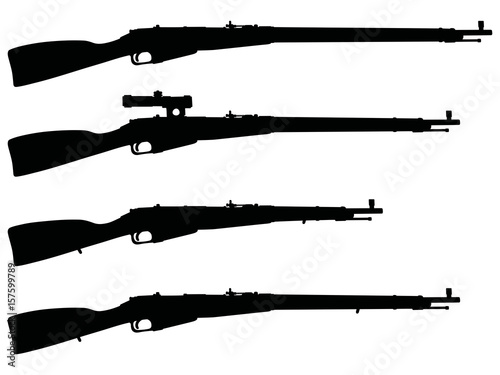 Four black silhouettes of old military rifles