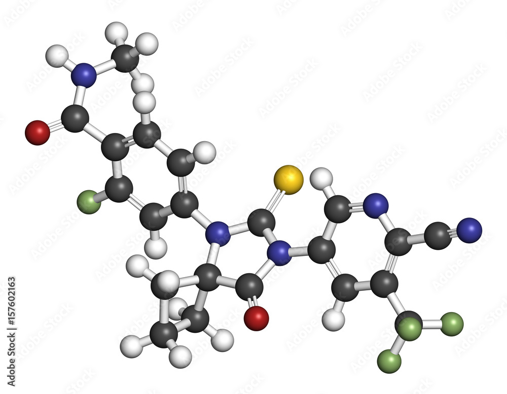 Apalutamide prostate cancer drug molecule. 3D rendering. Atoms are represented as spheres with conventional color coding.