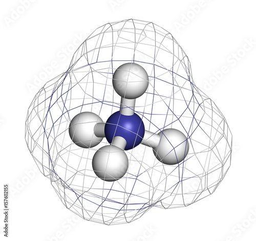 Ammonium cation. Protonated form of ammonia. 3D rendering. Atoms are represented as spheres with conventional color coding: hydrogen (white), nitrogen (blue). photo