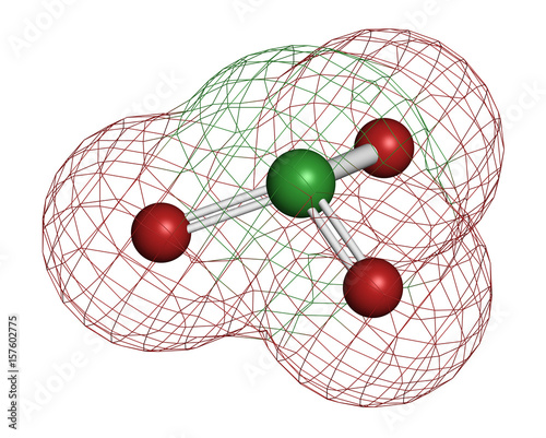 Chlorate anion, chemical structure. 3D rendering. Atoms are represented as spheres with conventional color coding: chlorine (green), oxygen (red). photo