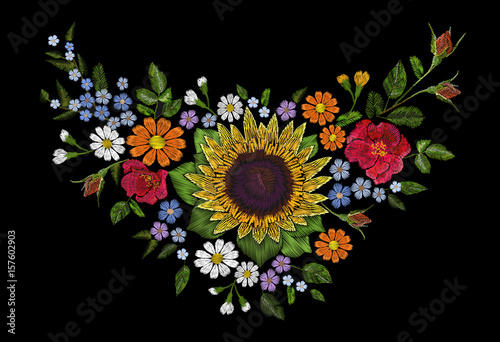 Sunflower field wild floral embroidery arrangement neckline decoration. Fashion textile floral clothing print.Colourful daisy small blue herb rose vector illustration