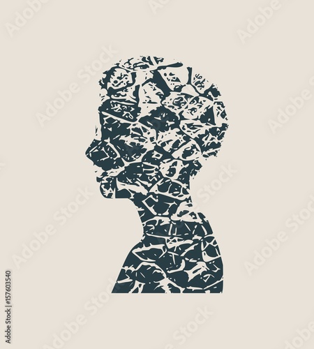 Face side view. Elegant silhouette of a female head. Vector Illustration. Long curly hair. Monochrome gamma. Grunge cracked texture avatar