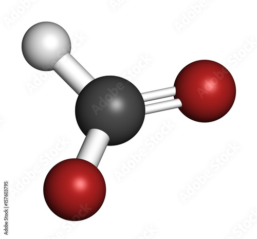 Fototapeta Naklejka Na Ścianę i Meble -  Formate anion, chemical structure. 3D rendering. Atoms are represented as spheres with conventional color coding: carbon (grey), hydrogen (white), oxygen (red).
