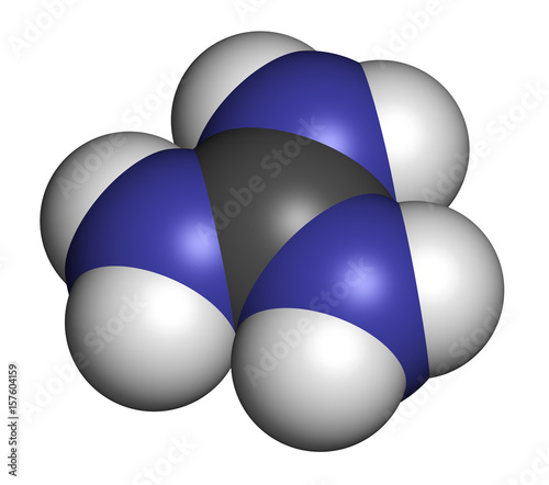 Guanidinium cation. Protonated form of guanidine. 3D rendering. Atoms are represented as spheres with conventional color coding: hydrogen (white), carbon (grey), nitrogen (blue). photo