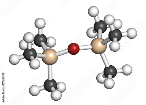 Hexamethyldisiloxane (HDMSO) organosilicon solvent molecule. 3D rendering. Atoms are represented as spheres with conventional color coding. photo
