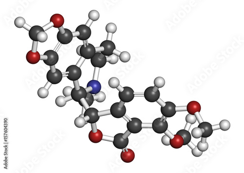 Hydrastine herbal alkaloid molecule, found in Hydrastis canadensis (goldenseal). 3D rendering. Atoms are represented as spheres with conventional color coding.