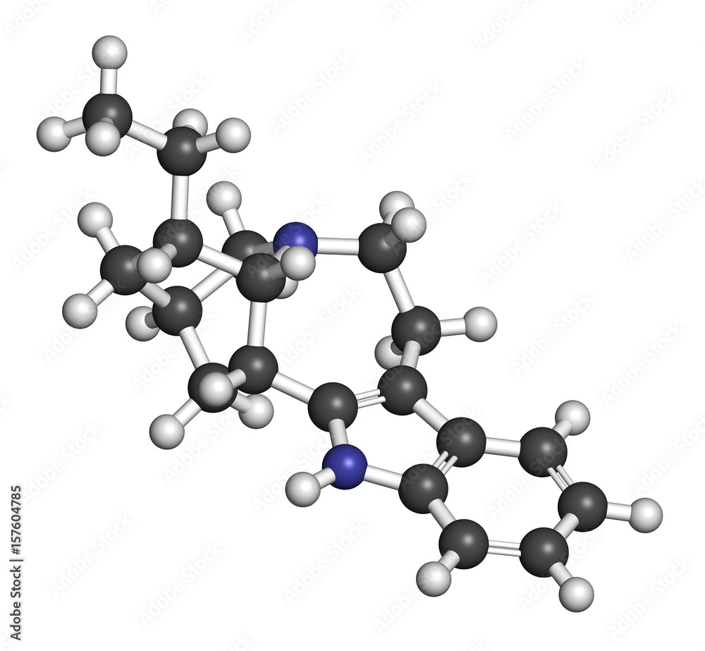 Obraz premium Ibogamine alkaloid molecule, found in Tabernanthe iboga. 3D rendering. Atoms are represented as spheres with conventional color coding: hydrogen (white), carbon (grey), oxygen (red), nitrogen (blue).