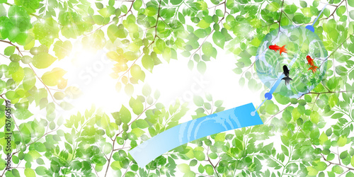 金魚　暑中見舞い　葉　背景