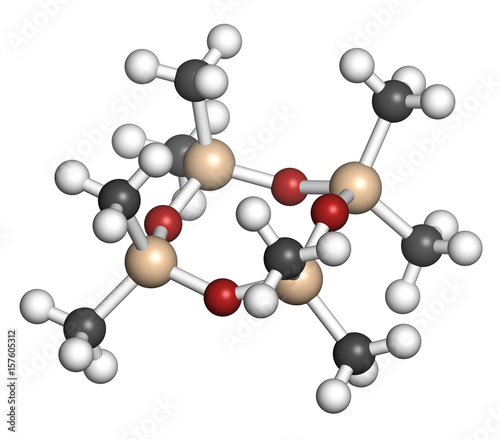 Octamethylcyclotetrasiloxane (D4 silicone) molecule. 3D rendering. Atoms are represented as spheres with conventional color coding: hydrogen (white), carbon (grey), oxygen (red), silicon (beige). photo