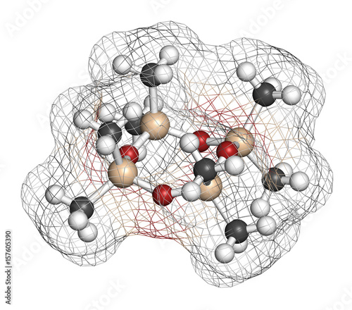 Octamethylcyclotetrasiloxane (D4 silicone) molecule. 3D rendering. Atoms are represented as spheres with conventional color coding: hydrogen (white), carbon (grey), oxygen (red), silicon (beige). photo