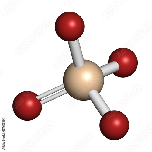 Orthosilicate (silicon tetroxide, silicate) anion, chemical structure. 3D rendering. Atoms are represented as spheres with conventional color coding: silicon (beige), oxygen (red). photo