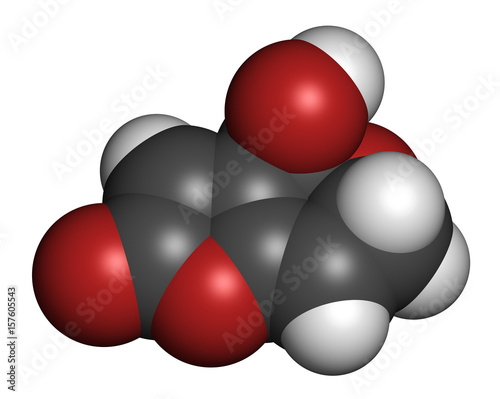 Patulin mycotoxin molecule. 3D rendering. Atoms are represented as spheres with conventional color coding: hydrogen (white), carbon (grey), oxygen (red). photo