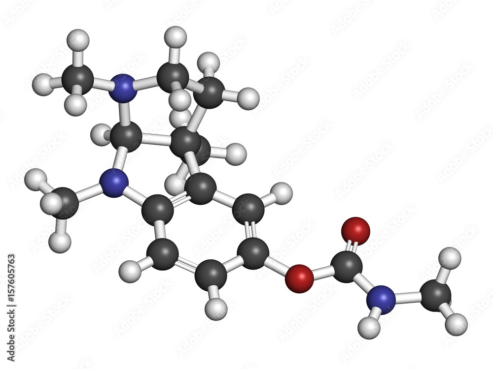 Physostigmine alkaloid molecule. Present in calabar bean and manchineel tree, acts as acetylcholinesterase inhibitor. 3D rendering. Atoms are represented as spheres with conventional color coding. Physostigmine alkaloid molecule. Present in calabar bean and manchineel tree, acts as acetylcholinesterase inhibitor. 3D rendering. Atoms are represented as spheres with conventional color coding.