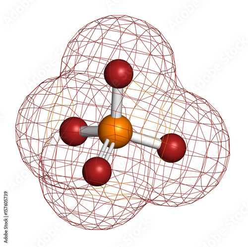 Phosphate anion, chemical structure. 3D rendering. Atoms are represented as spheres with conventional color coding: phosphorus (orange), oxygen (red). photo