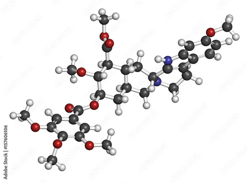 Reserpine alkaloid molecule. Isolated from Rauwolfia serpentina (Indian snakeroot). 3D rendering. Atoms are represented as spheres with conventional color coding. Reserpine alkaloid molecule. Isolated from Rauwolfia serpentina (Indian snakeroot). 3D rendering. Atoms are represented as spheres with conventional color coding.