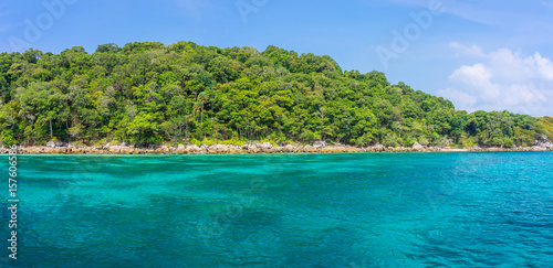 Rocky coastline and mountain of Tachai island. Seascape view in Andaman sea  Phang Nga  Thailand  Southeast Asia.