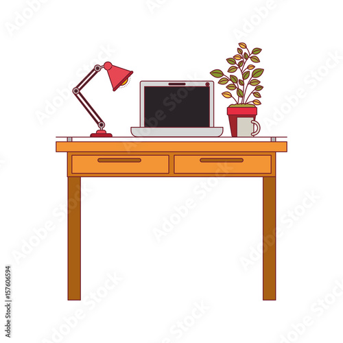 colorful graphic of work place office interior with laptop computer and lamp and plantpot with dark red line contour vector illustration