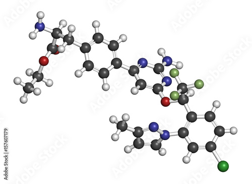 Telotristat ethyl drug molecule (tryptophan hydroxylase inhibitor). 3D rendering. Atoms are represented as spheres with conventional color coding.