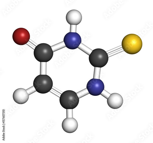 Thiouracil drug molecule. Obsolete drug molecule, previously used in the treatment of Graves' disease. 3D rendering. Atoms are represented as spheres with conventional color coding photo