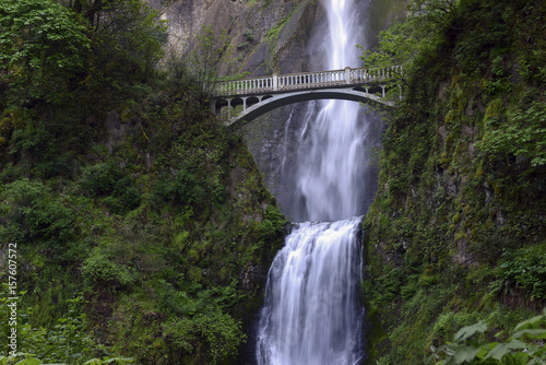 Fototapeta Naklejka Na Ścianę i Meble -  Multnomah Falls and foot bridge in lush green setting near Mount Hood and Portland Oregon in the Columbia River Gorge region, USA