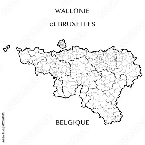Detailed map of the Belgian Regions of Wallonia and Brussels-Capital (Belgium) with borders of municipalities, districts, provinces, and regions. Vector illustration