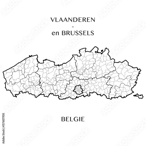 Detailed map of the Belgian Regions of Flanders and Brussels-Capital (Belgium) with borders of municipalities, districts, provinces, and regions. Vector illustration