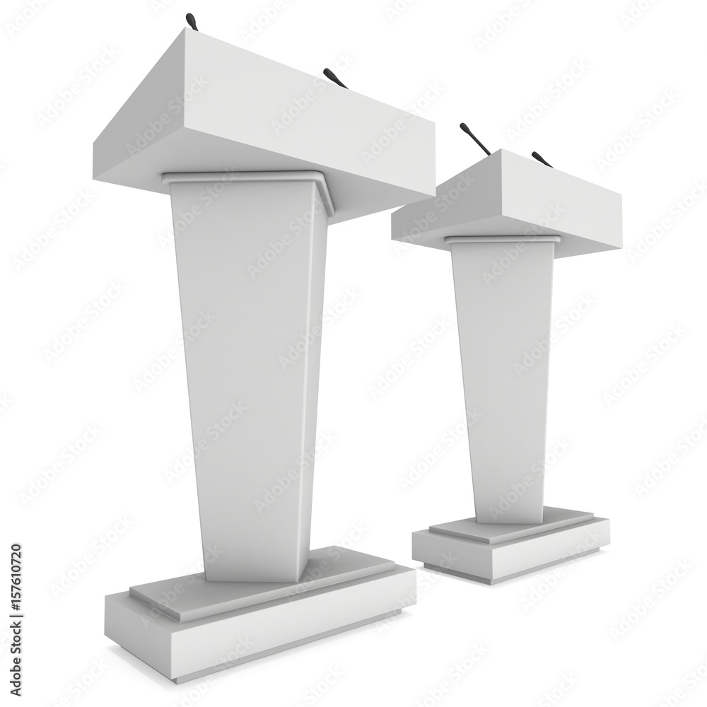 3d Speaker Podium. White Tribune Rostrum Stand with Microphones. 3d render isolated on white background. Debate, press conference concept 3d Speaker Podium. White Tribune Rostrum Stand with Microphones. 3d render isolated on white background. Debate, press conference concept