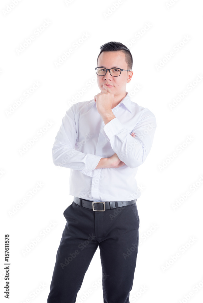 Young asian man thinking over white background