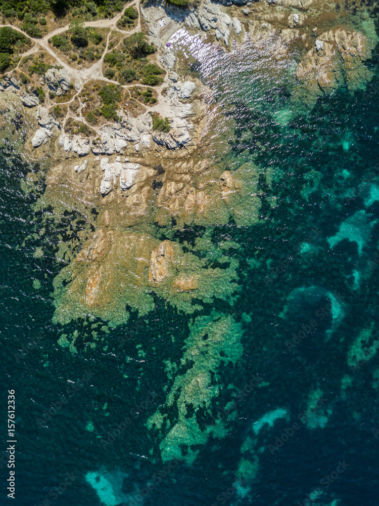 Aerial view of coast and sea floor in Corsica