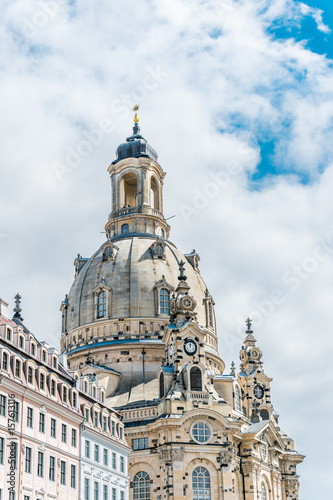 Majestic dome of the Frauenkirche Lutheran Cathedral in Dresden, Germany. The ancient architecture of Germany