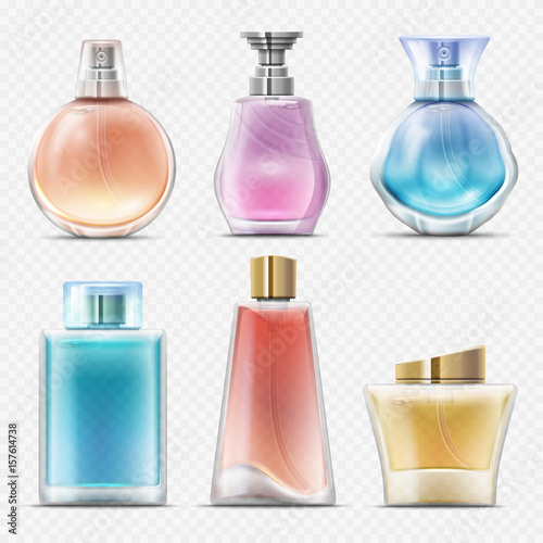 Realistic perfume and scented toilet water bottles vector set