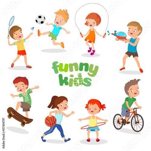 Uniformed happy kids playing sports. Active children vector characters