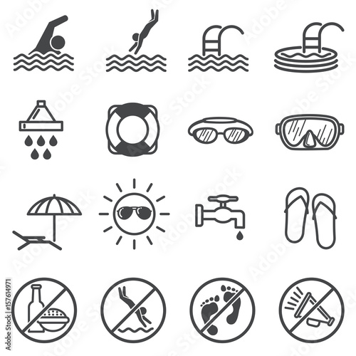 Public pool vector warning signs. Swimming rules icons
