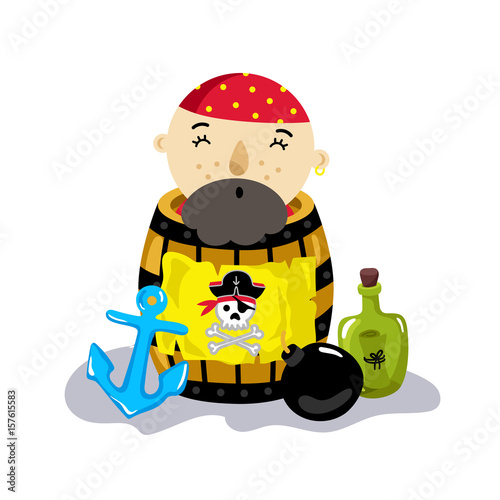 Pirate character in wooden barrel icon. Children drawing of pirate concept vector illustration isolated on white background.