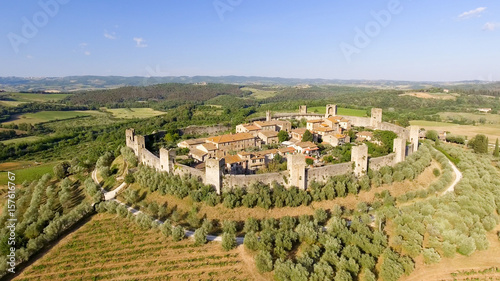 Beautiul aerial view of Monteriggioni, Tuscany medieval town on the hill