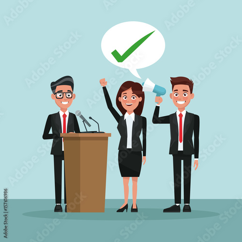 background scene people in formal suit speaks for dialog box with check mark and male candidate in tribune vector illustration